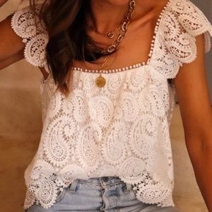 Plus White Paisley Lace Crochet Ruffle Tank Top